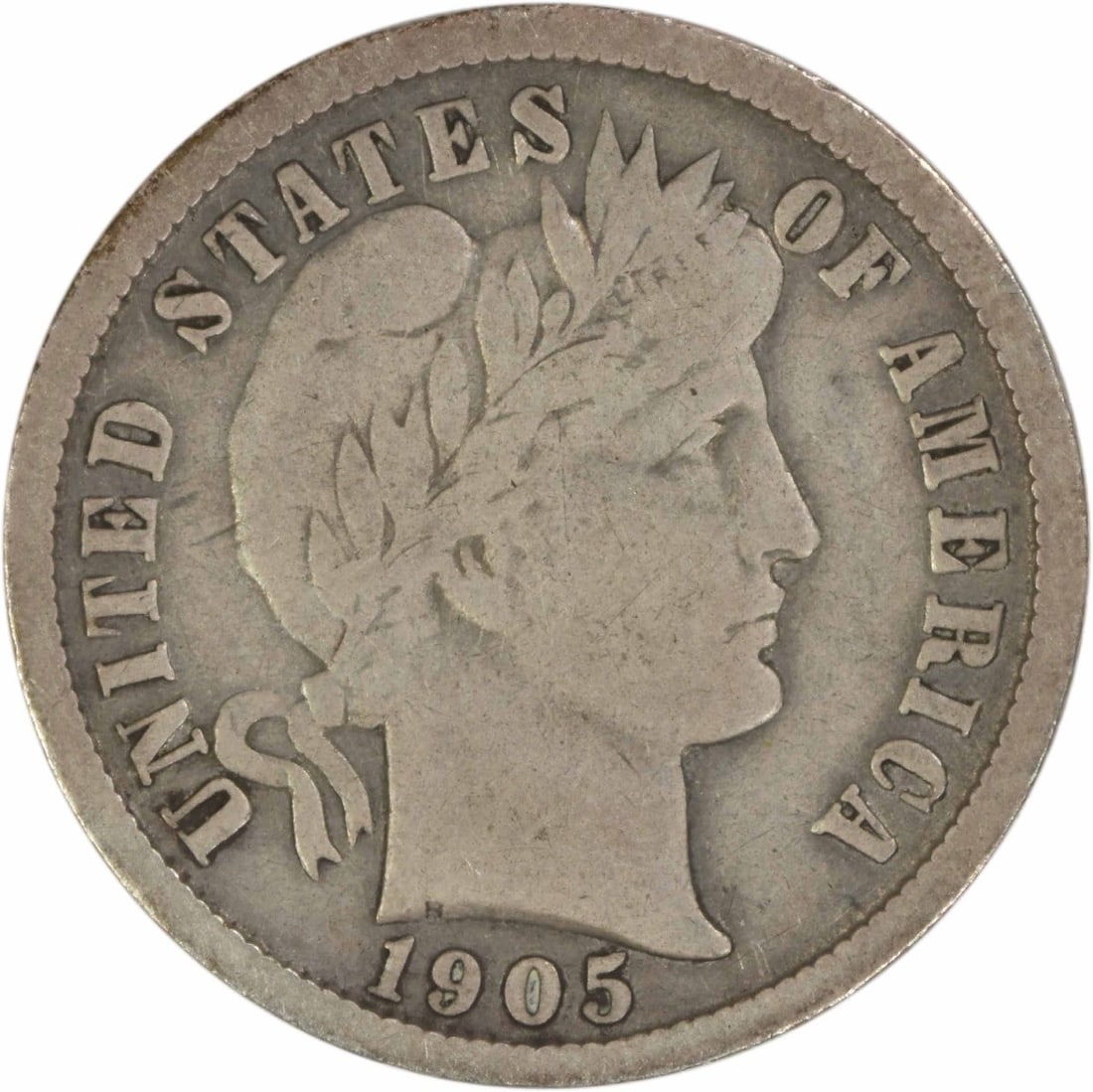 1905 O Barber 10C Silver Dime Uncertified F: 1905 O Barber 10C Silver Dime Uncertified F This 1905-O Barber Silver Dime is a circulated U.S. coin from the New Orleans mint, designed by Charles E. Barber. Composed of 90% silver and 10% copper, it