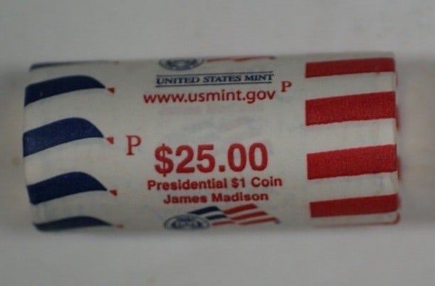 Roll of 25 2007-P James Madison Uncirculated Presidential Dollar Coins in OBW: Roll of 25 2007-P James Madison Uncirculated Presidential Dollar Coins in OBW This is a roll of 25 uncirculated 2007-P James Madison Presidential $1 coins. The coins are in Brilliant Uncirculated (BU)