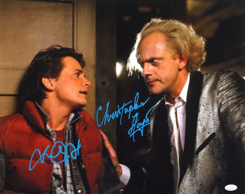 Back to the Future signed 16x20 photo Christopher Lloyd Michael J Fox JSA: Back to the Future signed 16x20 photo Christopher Lloyd Michael J Fox JSA This is a 16x20 photograph from the movie Back to the Future, signed by Christopher Lloyd and Michael J. Fox. The autographs a