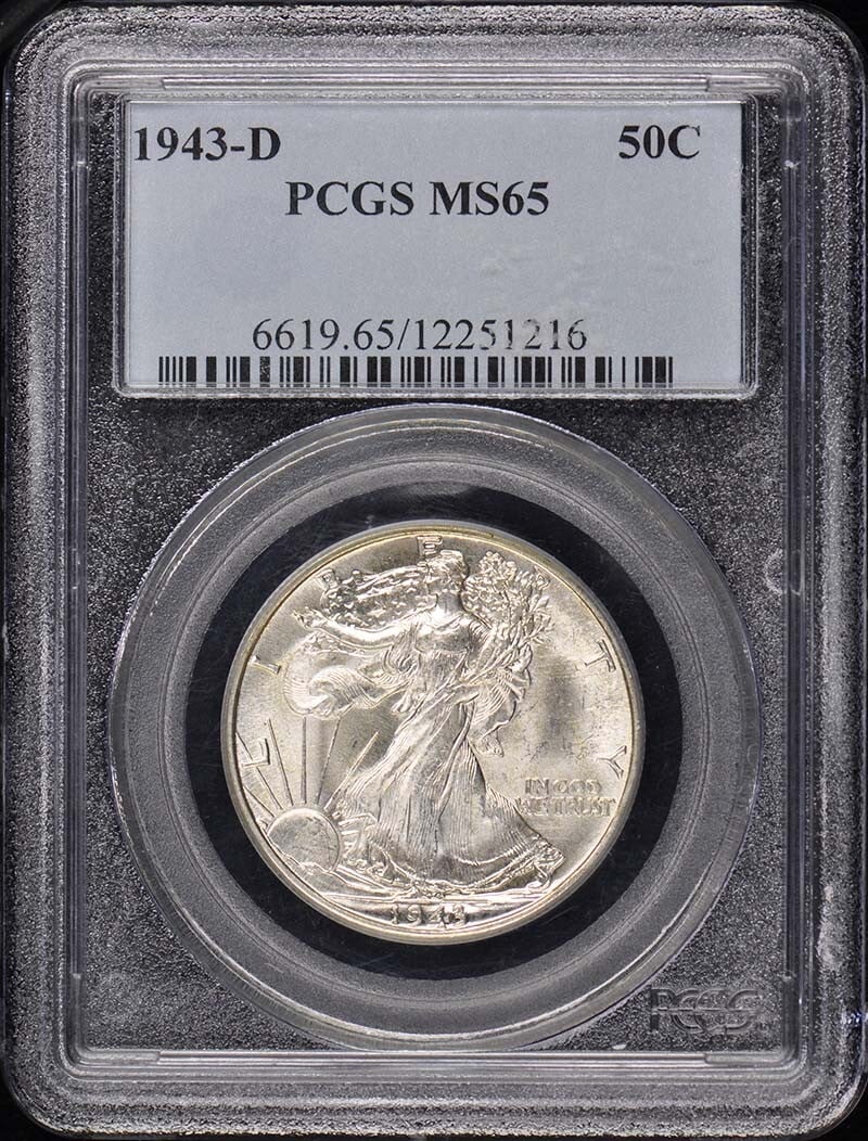 1943-D Walking Liberty Half Dollar PCGS MS65 Uncirculated Coin: 1943-D Walking Liberty Half Dollar PCGS MS65 Uncirculated Coin This 1943-D Walking Liberty Half Dollar is a stunning example graded MS65 by PCGS, indicating its uncirculated condition. Minted in Denve