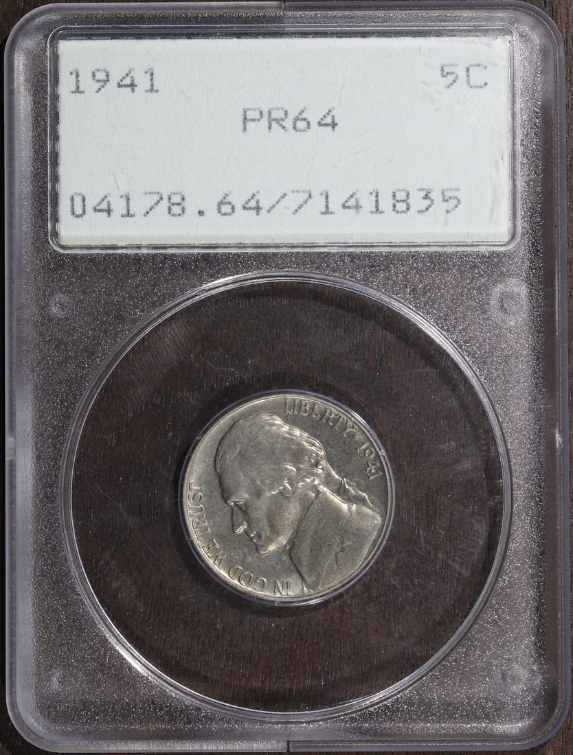 1941 Jefferson Nickel Proof 5C PCGS PR64 OGH Rattler: 1941 Jefferson Nickel Proof 5C PCGS PR64 OGH Rattler This is a 1941 Proof Jefferson Nickel graded PR64 by PCGS. The coin is composed of 75% nickel and was struck in Philadelphia. It is a pre-owned col