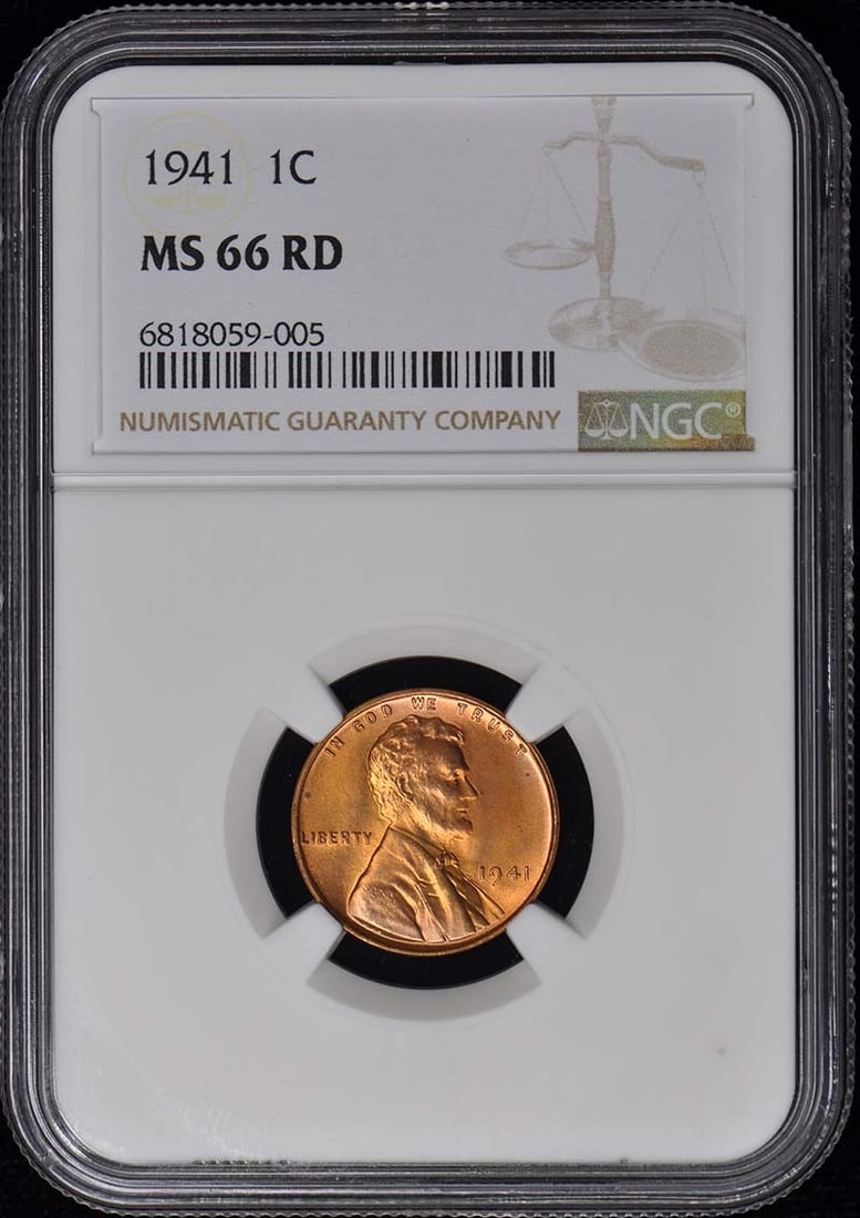 1941 NGC MS66RD Lincoln Wheat Cent Uncirculated Philadelphia Mint: 1941 NGC MS66RD Lincoln Wheat Cent Uncirculated Philadelphia Mint This 1941 Wheat Reverse Lincoln Cent is a stunning example of numismatic craftsmanship, graded MS66RD by NGC, ensuring its uncirculate