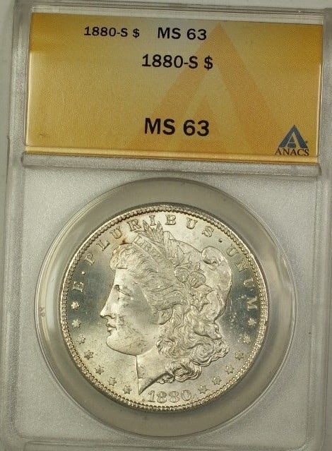 ANACS MS63 1880 S Morgan Dollar Silver Coin: ANACS MS63 1880 S Morgan Dollar Silver Coin This is an 1880 Morgan Silver Dollar coin minted in San Francisco and certified by ANACS with a grade of MS 63. The coin is composed of silver and remains i