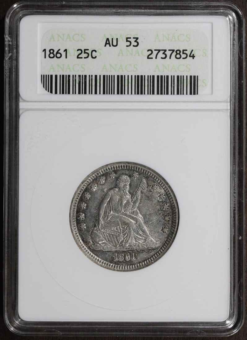 ANACS AU53 1861 Seated Liberty 25C Silver Quarter (1 of 2)