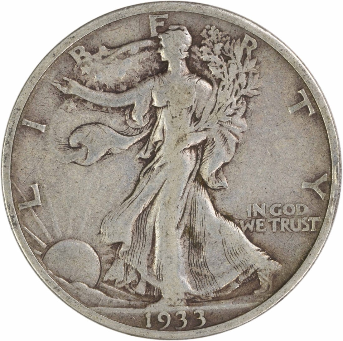1933 San Francisco Liberty Walking Half Dollar Silver Coin VF Uncertified: 1933 San Francisco Liberty Walking Half Dollar Silver Coin VF Uncertified This is a 1933-S Walking Liberty Half Dollar from the San Francisco Mint. The coin is circulated and in Very Fine (VF) conditi