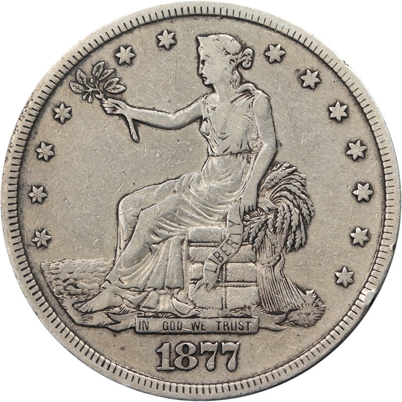 1877-S Silver Trade Dollar Choice VF Nice Strike: 1877-S Silver Trade Dollar Choice VF Nice Strike This 1877-S Trade Dollar is a circulated silver coin from the United States, featuring a nice strike and appealing surfaces. Graded as Choice Very Fine