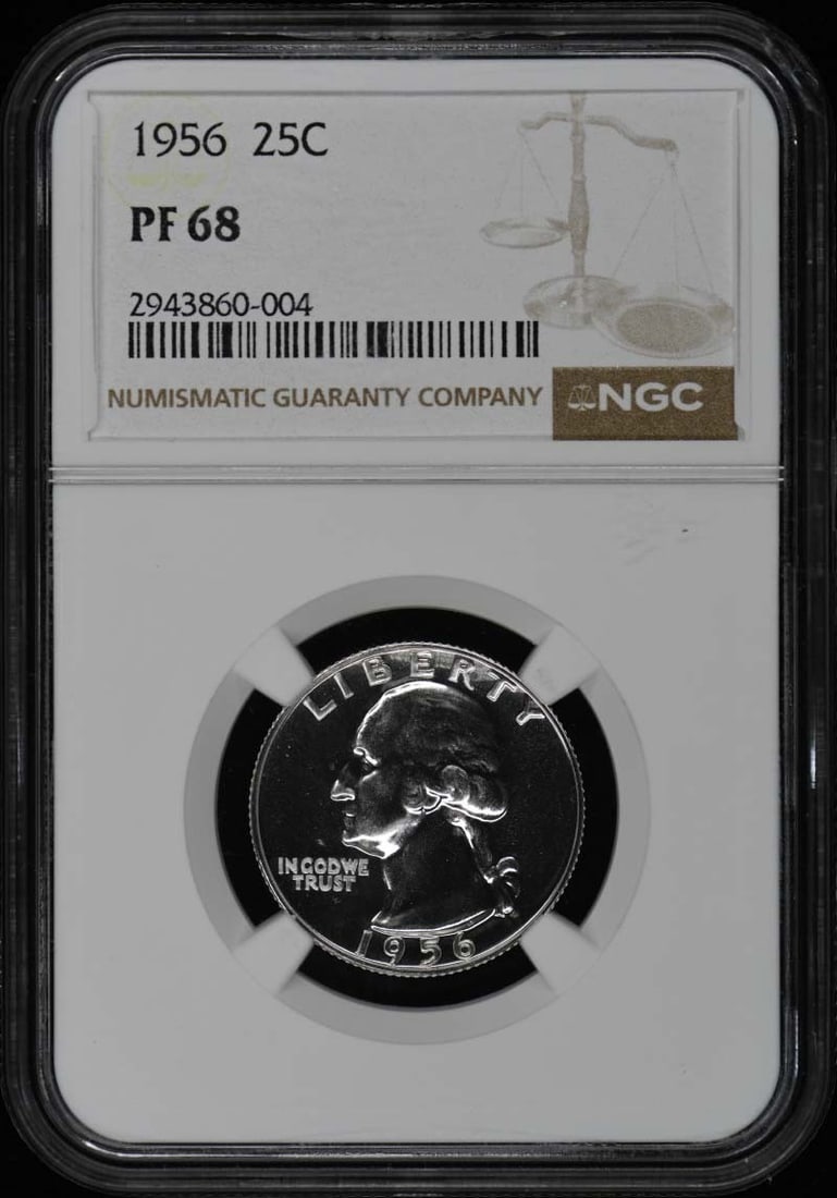 1956 Washington Quarter NGC PR68 Proof Uncirculated: 1956 Washington Quarter NGC PR68 Proof Uncirculated This 1956 Washington Quarter, graded PR68 by NGC, is an exquisite example of coinage from the Philadelphia mint. With its proof strike, this uncircu