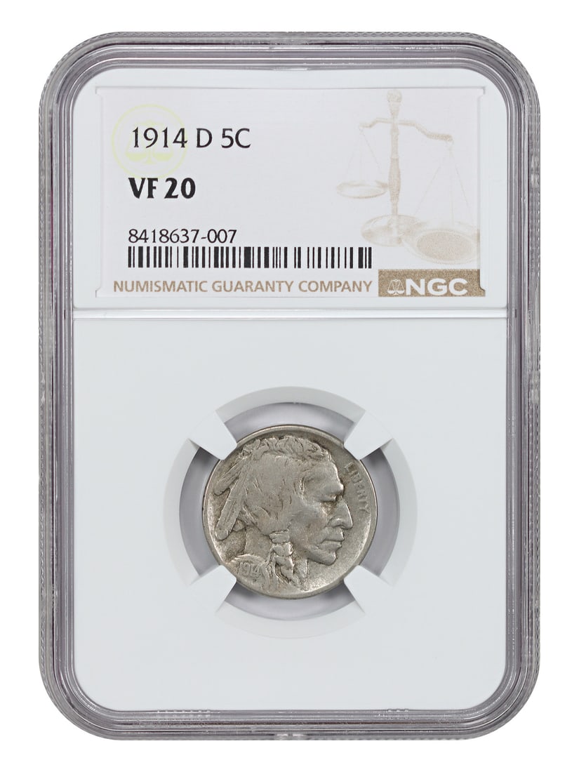 1914-D Buffalo Nickel NGC VF20: 1914-D Buffalo Nickel NGC VF20 This is a 1914-D Buffalo Nickel graded VF20 by NGC. The coin features the classic Buffalo Nickel design and was minted in Denver. It is a circulated, pre-owned coin and 