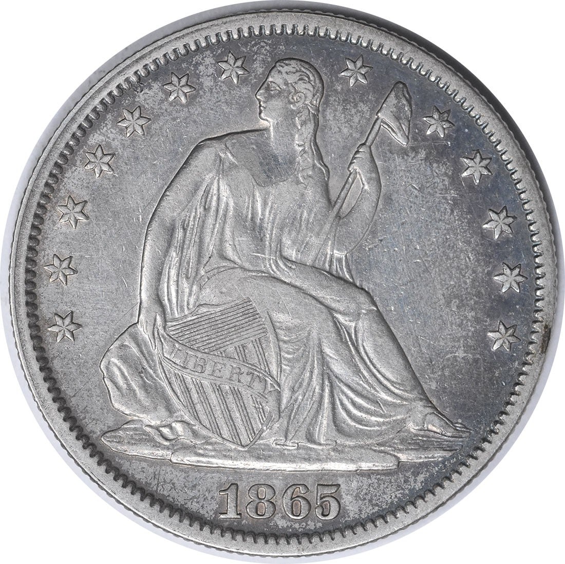 1865 Liberty Seated Half Dollar 50C Uncertified 90% Silver XF: 1865 Liberty Seated Half Dollar 50C Uncertified 90% Silver XF This 1865 Liberty Seated Half Dollar features the elegant design by Thomas Sully and Christian Gobrecht. Struck in Philadelphia, this coin