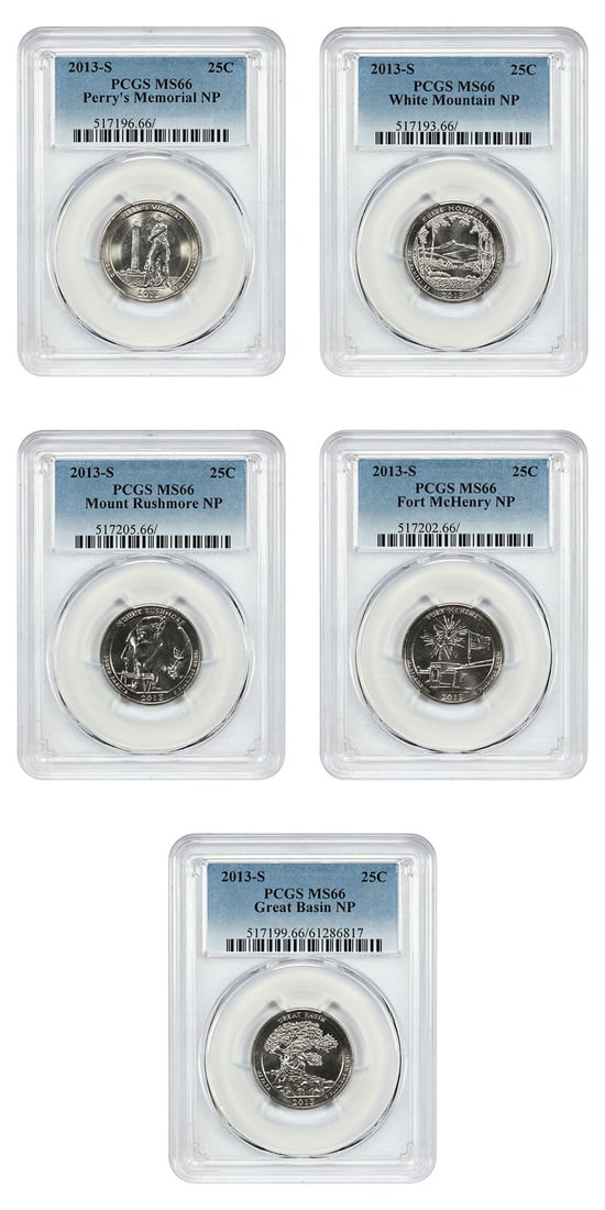 PCGS MS66 2013-S America the Beautiful Quarter Set 5 Coins Type 1 Clad: PCGS MS66 2013-S America the Beautiful Quarter Set 5 Coins Type 1 Clad This is a full set of 2013 America the Beautiful quarters, each graded MS66 by PCGS. The set includes five uncirculated clad quar