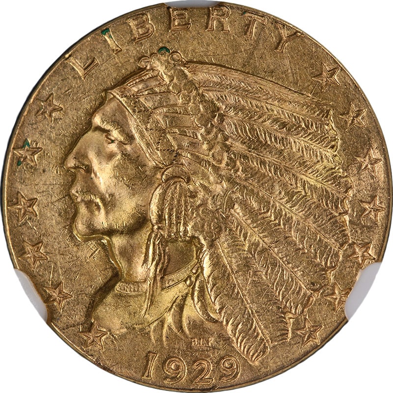 1929 United States Indian $2.50 Gold Coin NGC MS61: 1929 United States Indian $2.50 Gold Coin NGC MS61 This 1929 Indian Gold $2.50 coin has been certified by NGC with a grade of MS61. It is composed of gold with a fineness of 0.9, and features attracti