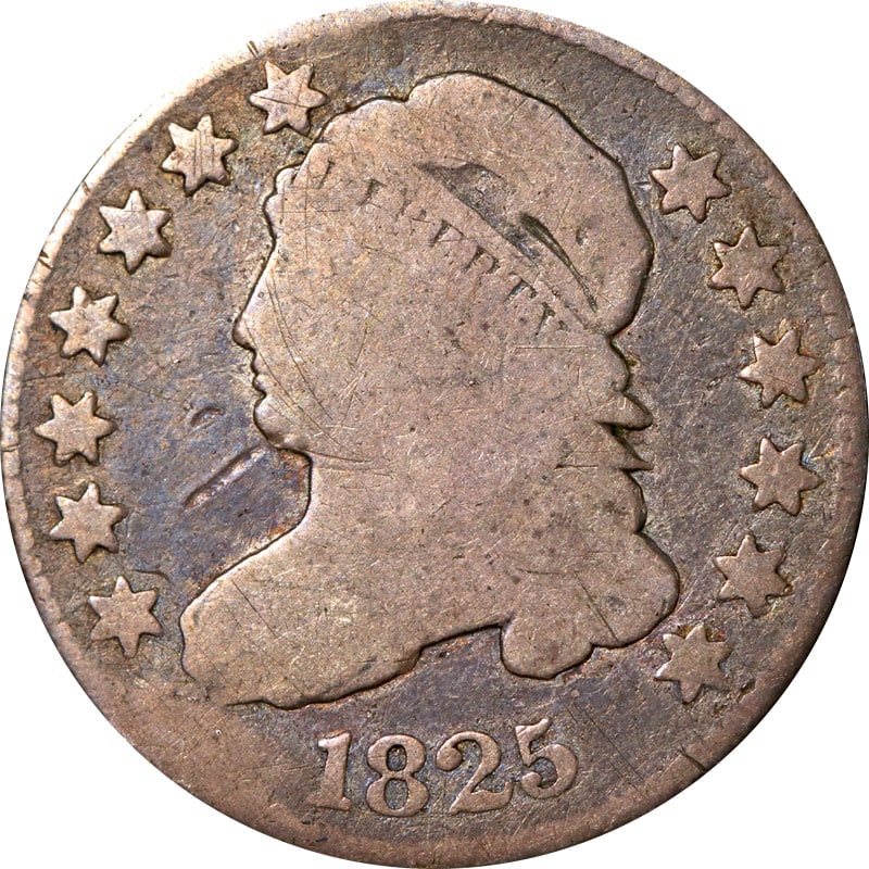 1825 Bust Dime Silver Coin Circulated Uncertified: 1825 Bust Dime Silver Coin Circulated Uncertified This 1825 Bust Dime is a notable piece of numismatic history, featuring a silver composition with a fineness of 0.9. Classified as circulated, this di