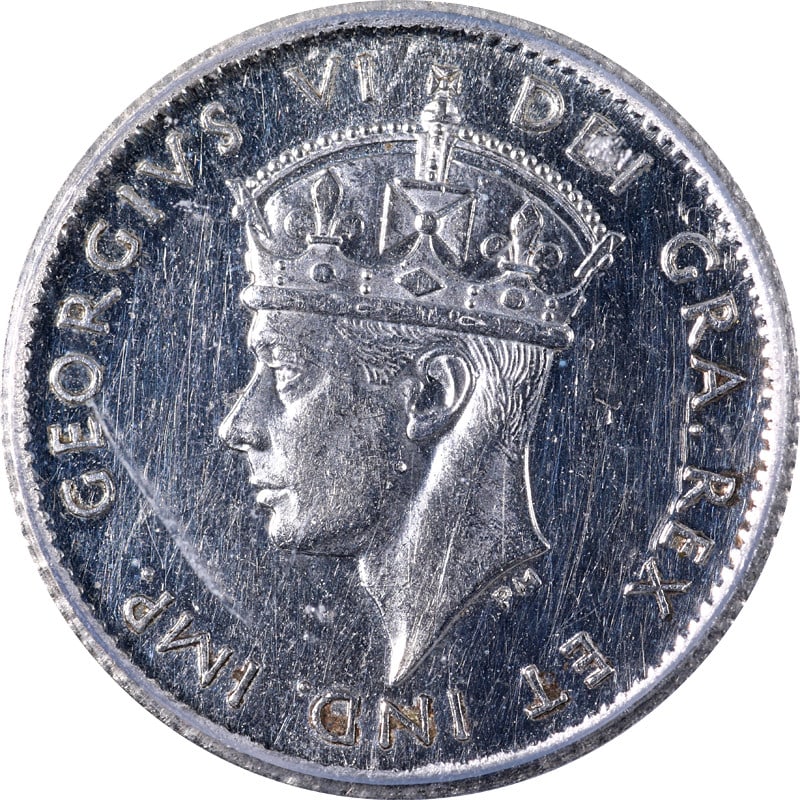 Newfoundland 1944-C Five Cents Silver Coin ICG MS63 PL: Newfoundland 1944-C Five Cents Silver Coin ICG MS63 PL This 1944-C Five (5) Cents coin from Newfoundland, Canada, is certified by ICG with a grade of MS63 PL, indicating its uncirculated condition and