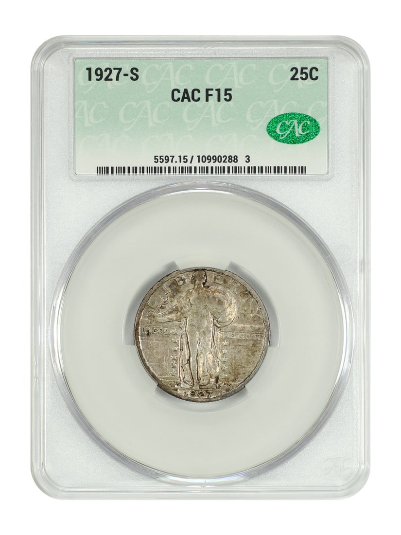 1927-S CACG Fine 15 Standing Liberty Quarter Key Date: 1927-S CACG Fine 15 Standing Liberty Quarter Key Date This is a 1927 Standing Liberty Quarter with a denomination of 25 cents, minted in San Francisco. The coin is circulated and has been graded Fine 