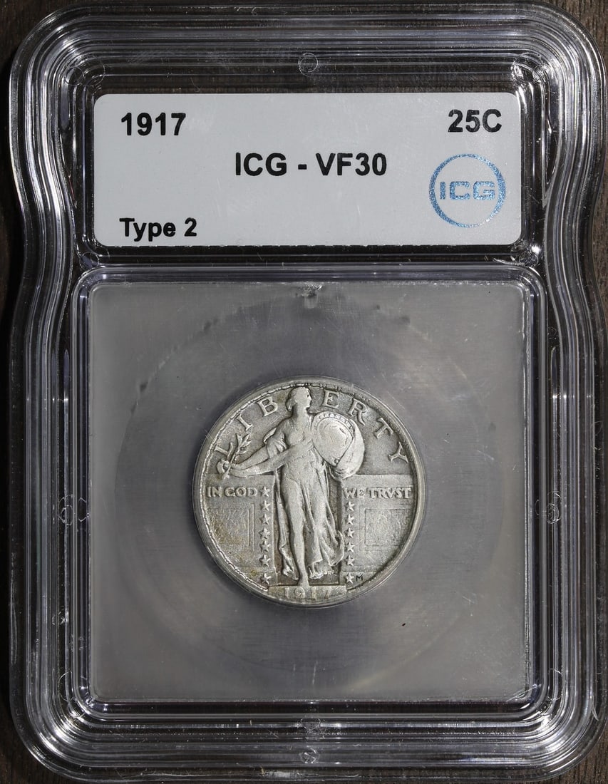 1917 Philadelphia Standing Liberty Quarter Silver 25C ICG VF30: 1917 Philadelphia Standing Liberty Quarter Silver 25C ICG VF30 This 1917 Type 2 Standing Liberty Quarter is a silver coin from the United States, minted in Philadelphia. It is the first year of the Ty