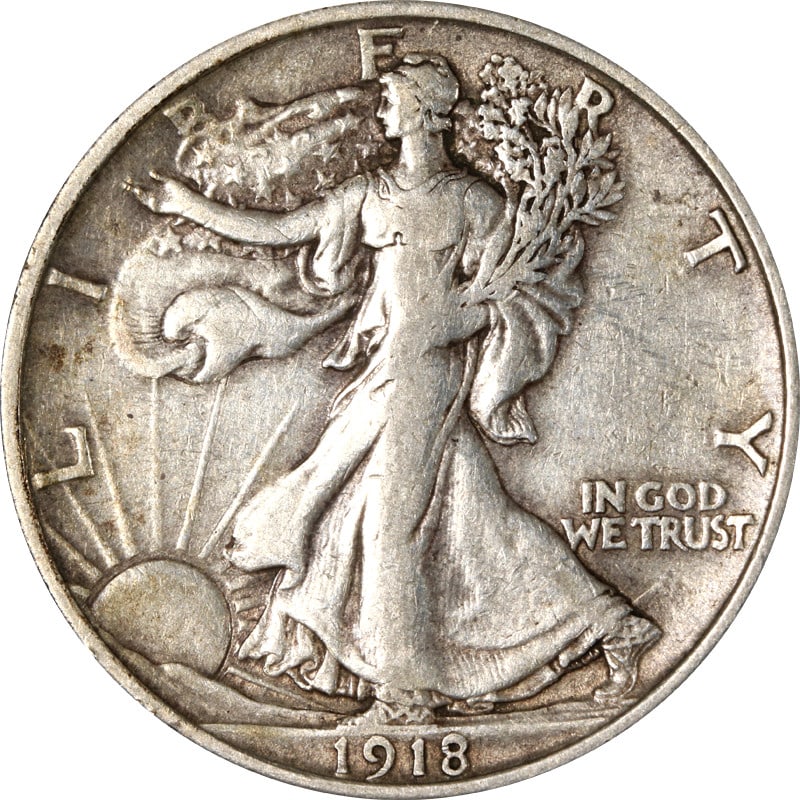 1918 P Silver Walking Liberty Half Dollar: 1918 P Silver Walking Liberty Half Dollar This 1918-P Walking Liberty Half Dollar is a circulated silver coin from the United States. It features a composition with a fineness of 0.9 and is from the P