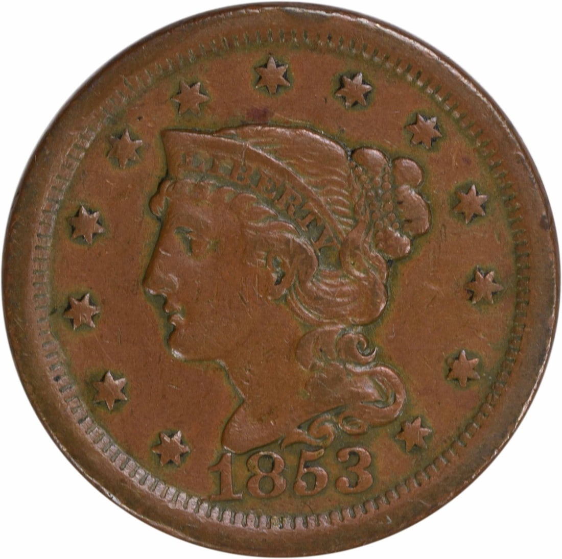 1853 Braided Hair Large Cent EF Uncertified Philadelphia Mint: 1853 Braided Hair Large Cent EF Uncertified Philadelphia Mint This 1853 Large Cent features the Braided Hair design by Christian Gobrecht. It showcases an Extra Fine (EF) grade and is composed of copp