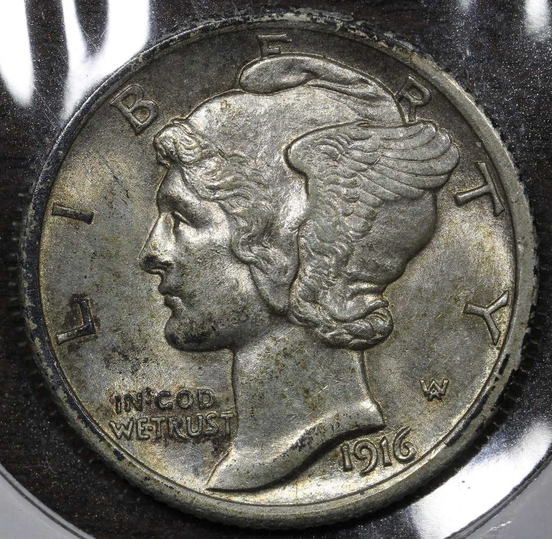 1916 Silver Mercury Dime 10C Philadelphia: 1916 Silver Mercury Dime 10C Philadelphia This 1916 Mercury Dime features the iconic Winged Liberty Head design and was minted in Philadelphia. Composed of 90% silver, this pre-owned coin is a classic