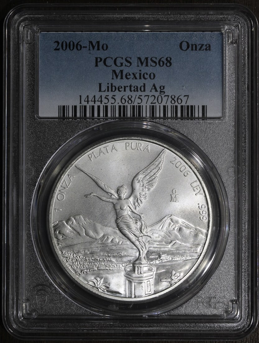 PCGS graded 2006 Mexico Silver Libertad 1 oz MS68: PCGS graded 2006 Mexico Silver Libertad 1 oz MS68 This is a 2006 Mexican Libertad 1 oz silver coin, graded MS68 by PCGS. The coin is composed of .999 fine silver and was produced by the Mexican Mint. 