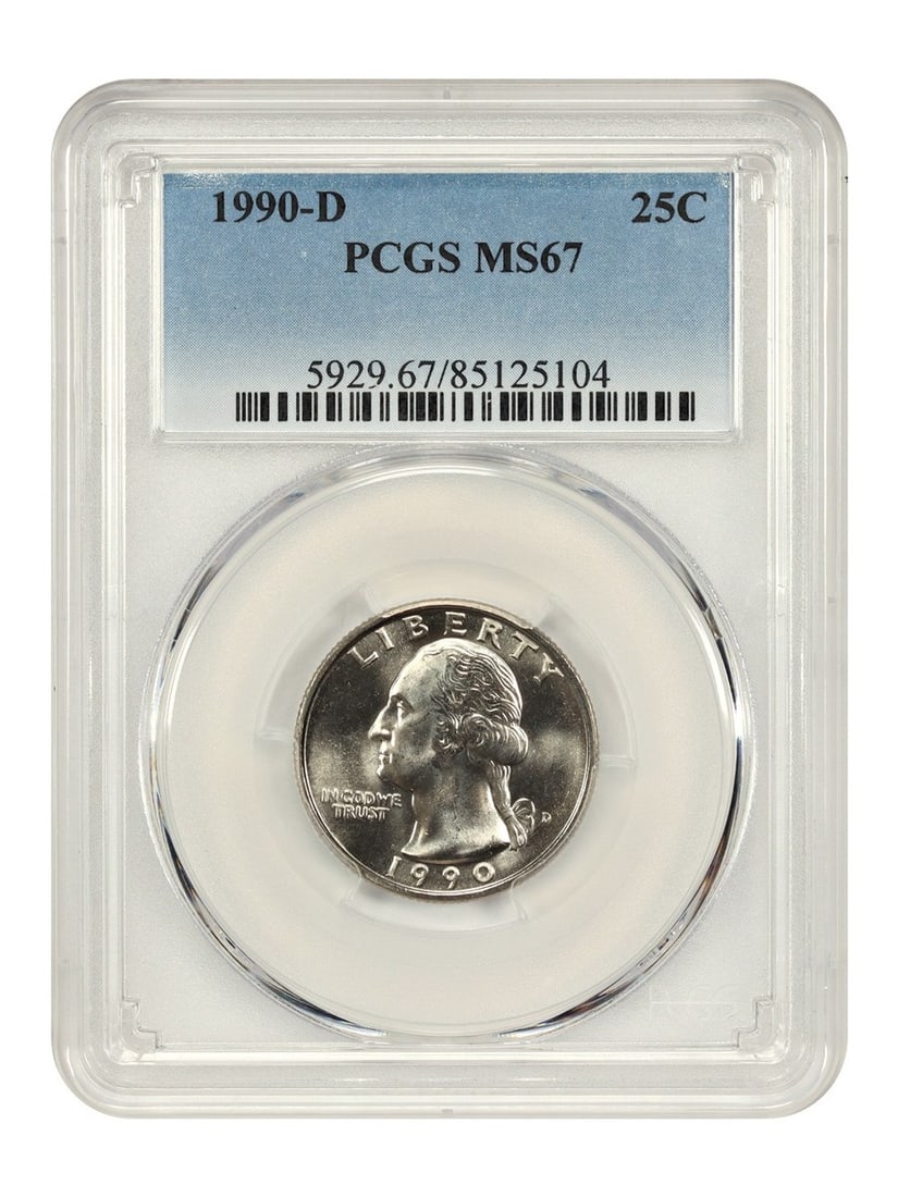 PCGS MS67 1990-D Washington Quarter 25C: PCGS MS67 1990-D Washington Quarter 25C This 1990-D Washington Quarter has been graded MS67 by PCGS. Only three examples have been graded higher by PCGS, all at MS67+. This coin is an excellent choice