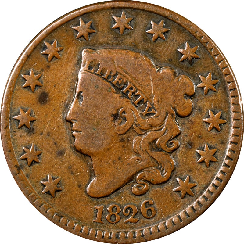 1826 United States Copper Large Cent Coin: 1826 United States Copper Large Cent Coin This 1826 Large Cent is a copper coin from the United States. It is circulated and pre-owned, offering a piece of early American numismatic history. The coin 