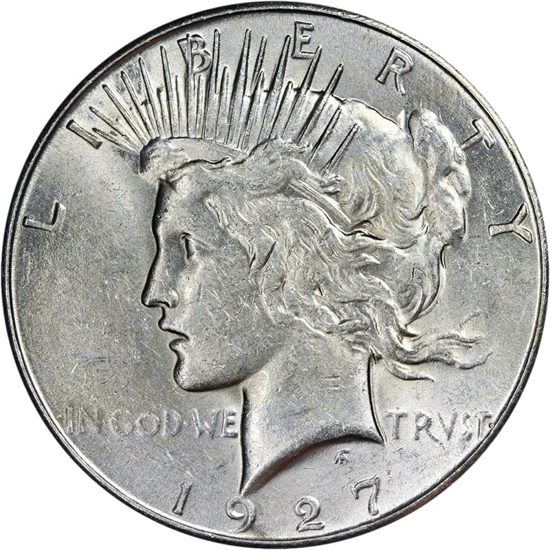 1927-S Peace Dollar Uncirculated Silver Coin with Beautiful Luster: 1927-S Peace Dollar Uncirculated Silver Coin with Beautiful Luster This 1927-S Peace Dollar features a beautiful eye appeal and impressive luster, showcasing its bright white surfaces and attractive c