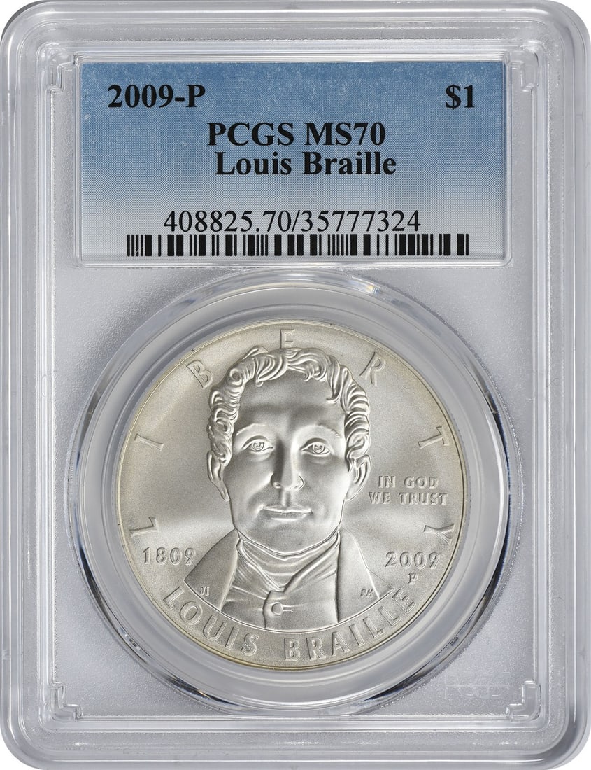PCGS MS70 2009-P Louis Braille Silver Dollar Commemorative: PCGS MS70 2009-P Louis Braille Silver Dollar Commemorative This is a 2009-P Louis Braille Silver Commemorative Dollar, issued by the United States Mint to honor Louis Braille. The coin is composed of 