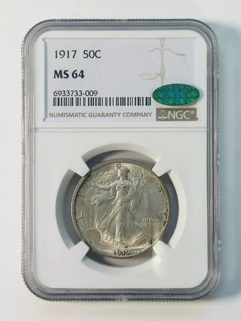 NGC CAC 1917 Walking Liberty Half Dollar MS64: NGC CAC 1917 Walking Liberty Half Dollar MS64 This 1917 Walking Liberty Half Dollar is graded MS-64 by NGC and has been approved by CAC, indicating its quality within the grade. Struck in silver, this