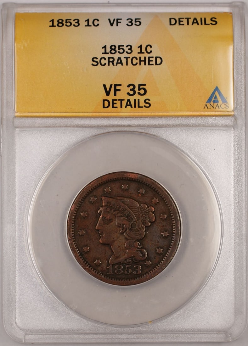 1853 Copper Braided Hair Cent ANACS VF 35 Philadelphia Scratched: 1853 Copper Braided Hair Cent ANACS VF 35 Philadelphia Scratched This is an 1853 Braided Hair Large Cent graded VF 35 Details by ANACS. The coin is composed of copper, was minted in Philadelphia, and 