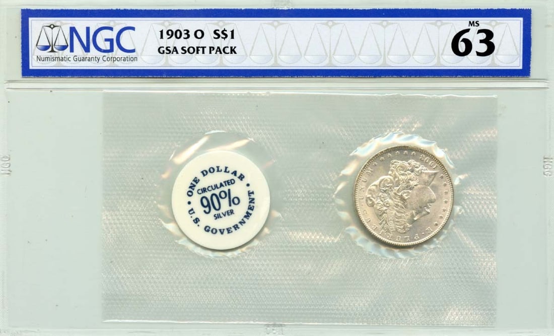 NGC MS63 1903-O Morgan Dollar in GSA Soft Pack: NGC MS63 1903-O Morgan Dollar in GSA Soft Pack This 1903-O Morgan Dollar is presented in a GSA soft pack and graded MS63 by NGC. Minted in New Orleans, this uncirculated silver dollar is a collectible
