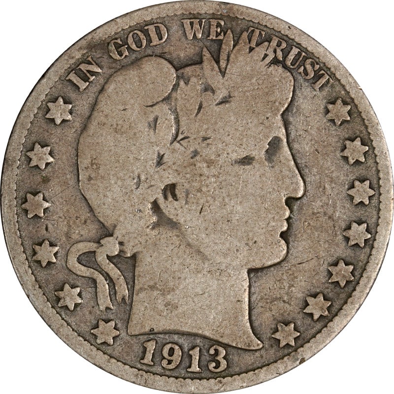 1913 P Silver Barber Half Dollar: 1913 P Silver Barber Half Dollar This is a 1913 Barber Half Dollar from the Philadelphia Mint. The coin is composed of 90% silver and is in circulated, pre-owned condition. It is uncertified and origi