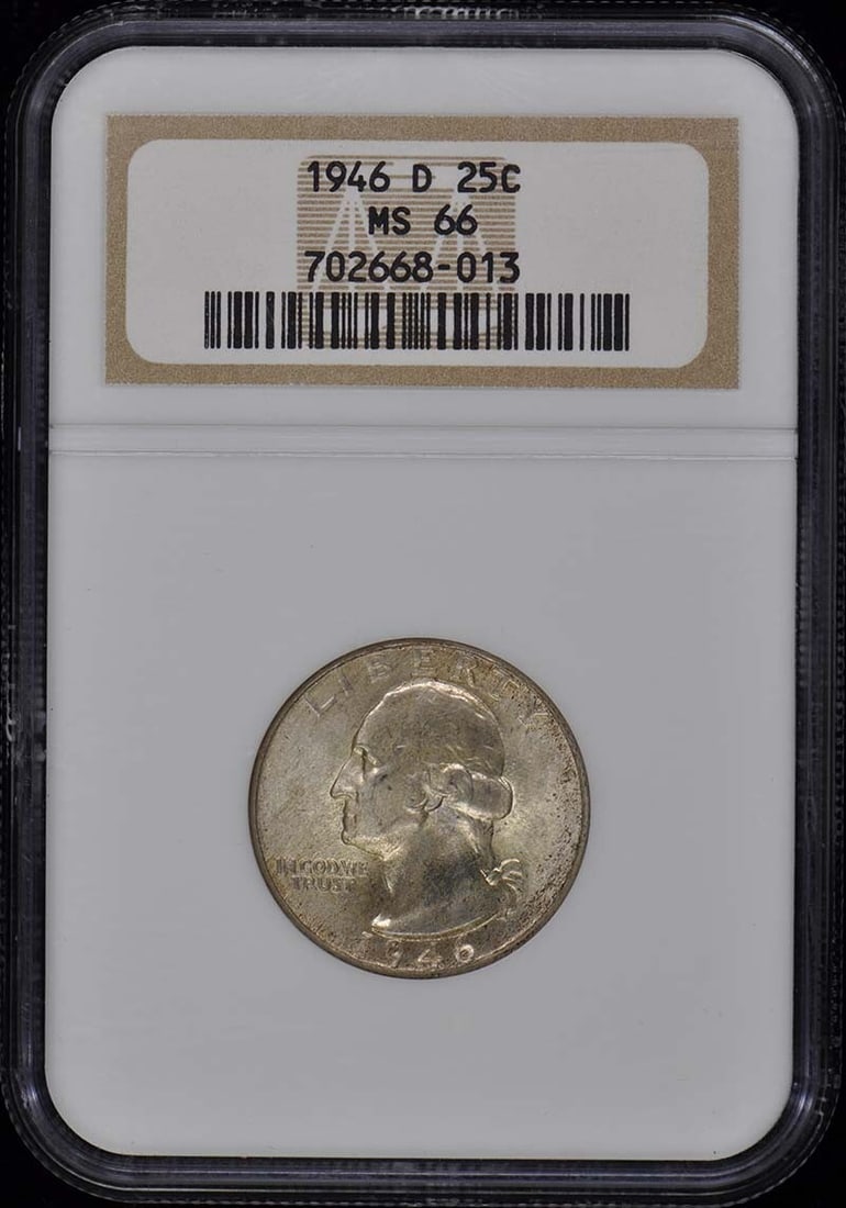 1946-D Washington Quarter NGC MS66 Certified Uncirculated Denver Coin: 1946-D Washington Quarter NGC MS66 Certified Uncirculated Denver Coin This 1946-D Washington Quarter is a remarkable piece of numismatic history, graded MS66 by NGC, reflecting its uncirculated condit