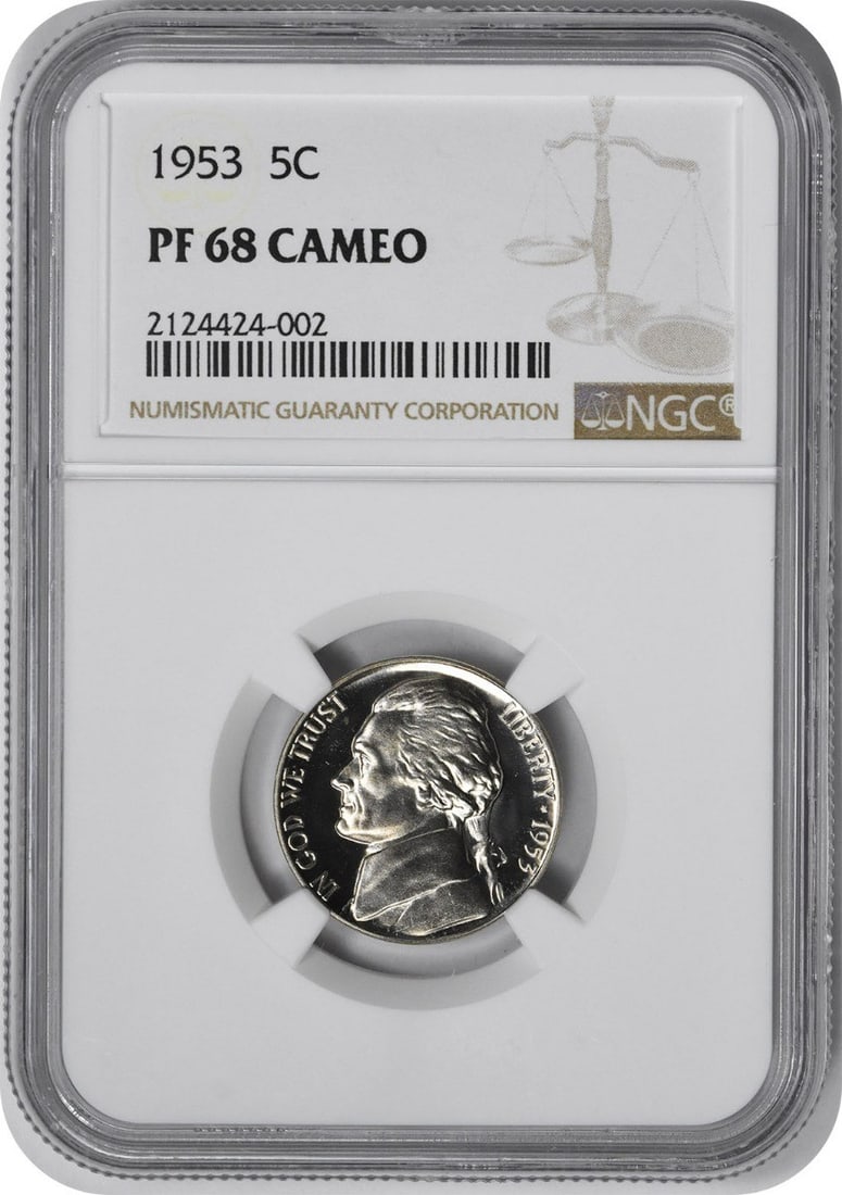 1953 Proof Jefferson Nickel PR68CAM NGC Certified: 1953 Proof Jefferson Nickel PR68CAM NGC Certified This is a 1953 Jefferson Nickel struck as a proof coin at the Philadelphia Mint. Certified by NGC with a high grade of PR68CAM, this uncirculated coin