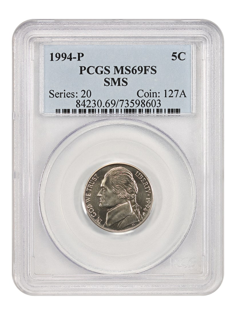 Jefferson Nickel 1994-P PCGS SP69FS SMS Philadelphia Five Cent Uncirculated: Jefferson Nickel 1994-P PCGS SP69FS SMS Philadelphia Five Cent Uncirculated This is a 1994-P Jefferson Nickel with a denomination of 5 cents. Graded by PCGS as SP69FS (Special Strike, Full Steps), thi