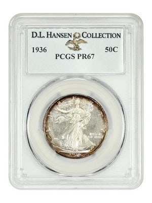 1936 Walking Liberty 50C PCGS PR67 D.L. Hansen Proof: 1936 Walking Liberty 50C PCGS PR67 D.L. Hansen Proof This 1936 Walking Liberty Half Dollar is a key first-year proof issue with a limited mintage of only 3,901 coins. The coin features sharply defined