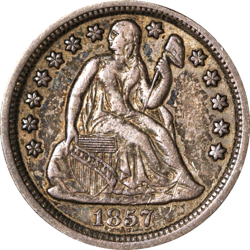 1857 Philadelphia Seated Liberty silver dime: 1857 Philadelphia Seated Liberty silver dime This 1857-P Seated Liberty Dime is a circulated silver coin from the United States. Made with a fineness of 0.9, it represents a classic piece of 19th-cent