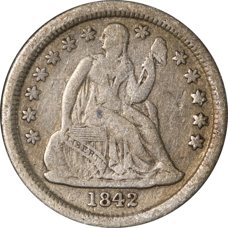 1842-O United States Silver Seated Liberty Dime: 1842-O United States Silver Seated Liberty Dime This 1842-O Seated Liberty Dime is a circulated silver coin from the United States. Minted in 1842 at the New Orleans Mint, it is composed of 90% silver