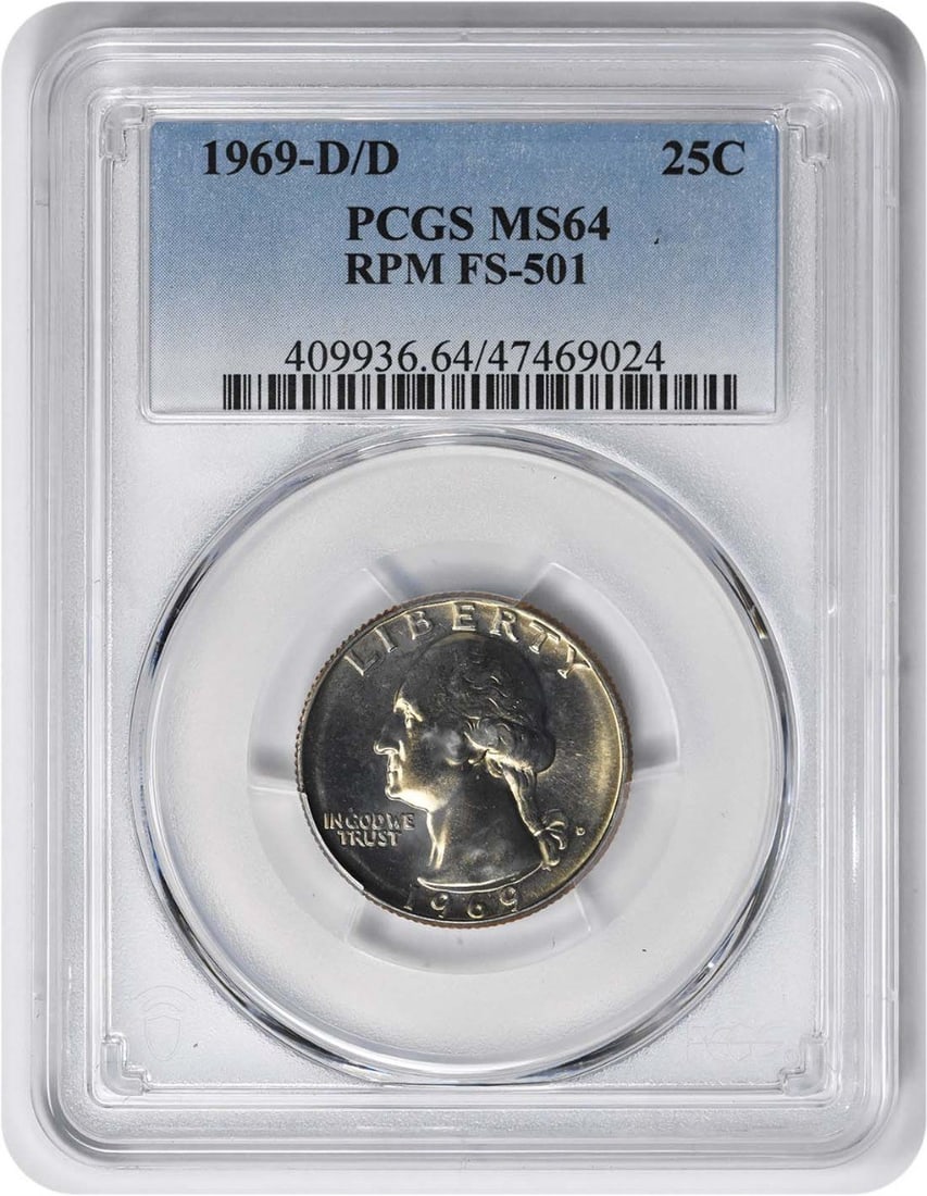 PCGS MS64 1969-D RPM FS-501 Washington Quarter Uncirculated: PCGS MS64 1969-D RPM FS-501 Washington Quarter Uncirculated This 1969-D/D Washington Quarter features a repunched mintmark (RPM FS-501) and has been graded MS64 by PCGS. Struck at the Denver Mint, the