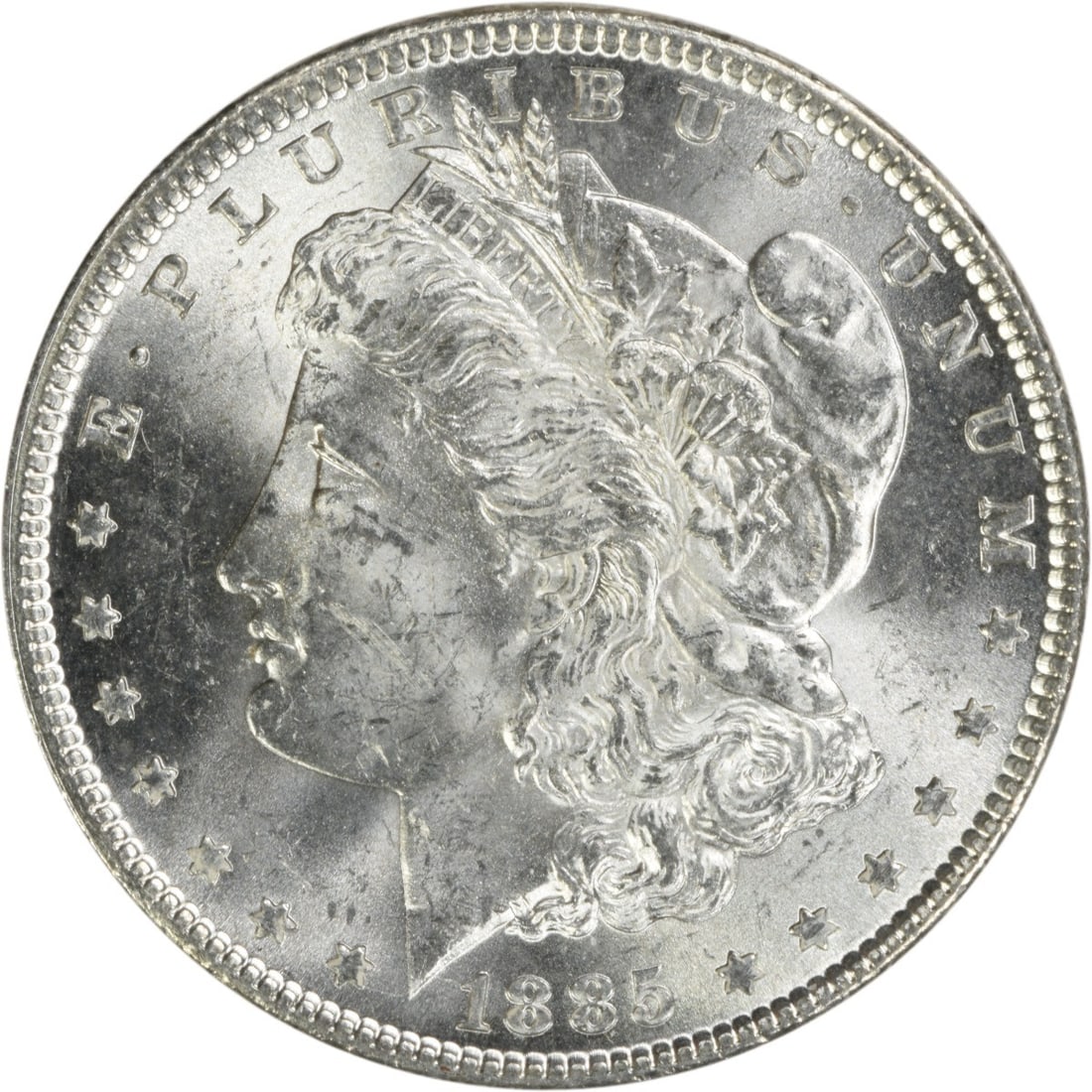 Uncirculated 1885 Morgan Silver Dollar Brilliant Uncirculated Philadelphia Mint: Uncirculated 1885 Morgan Silver Dollar Brilliant Uncirculated Philadelphia Mint This 1885 Morgan Silver Dollar is an uncirculated, pre-owned coin from the United States, featuring a bright uncirculate