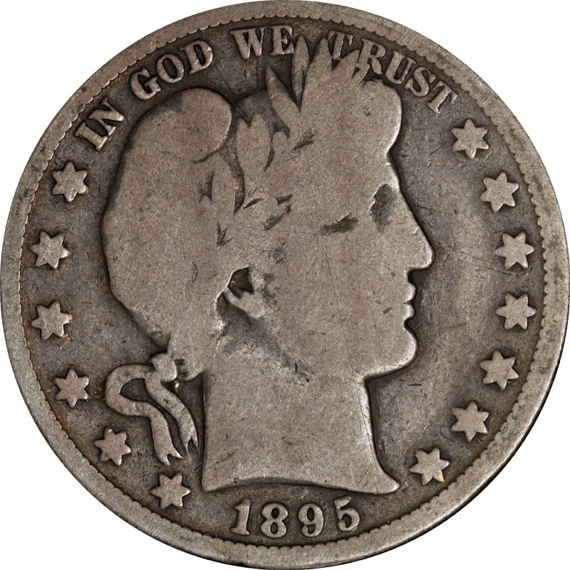 1895-O Silver Barber Half Dollar: 1895-O Silver Barber Half Dollar This 1895-O Barber Half Dollar is a circulated silver coin from the United States. Composed of 90% silver, it features the classic Barber design and originates from th