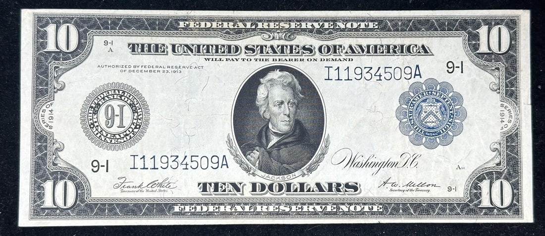 1914 United States $10 Federal Reserve Banknote Circulated Uncertified: 1914 United States $10 Federal Reserve Banknote Circulated Uncertified This is a 1914 $10 Federal Reserve Note from the United States. The note is circulated and remains ungraded and uncertified. It i