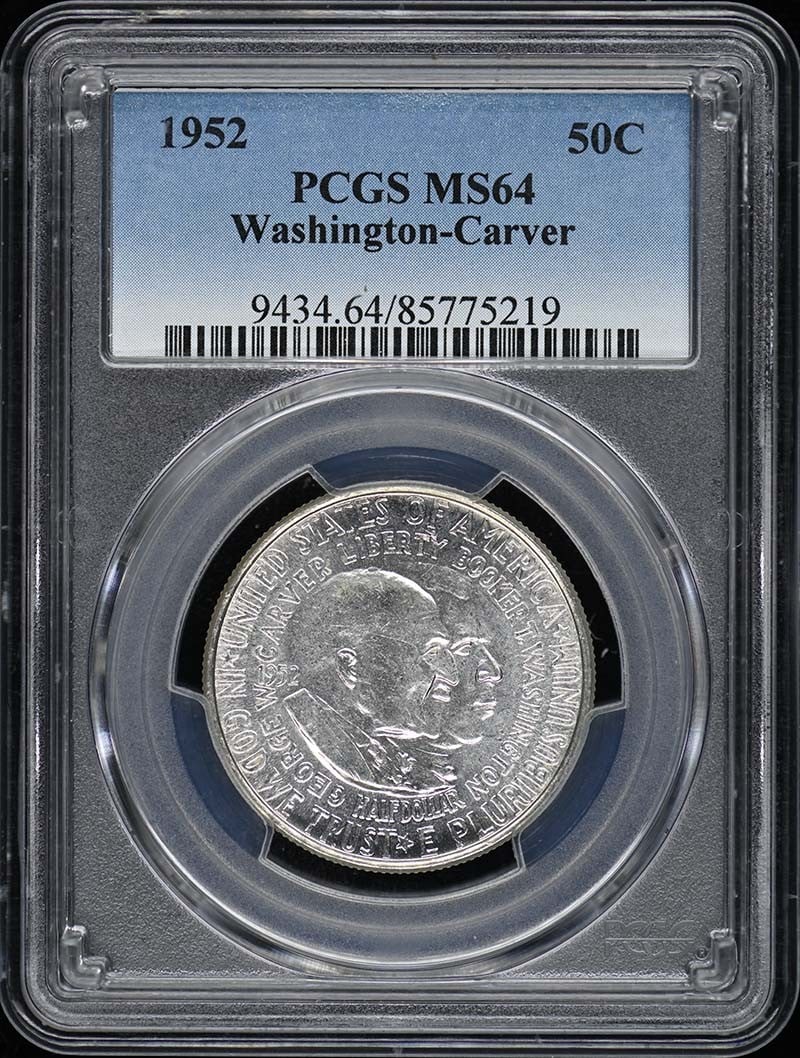 1952 Silver Washington Carver Half Dollar PCGS MS64 Commemorative Coin: 1952 Silver Washington Carver Half Dollar PCGS MS64 Commemorative Coin This is a 1952 Washington-Carver 50C silver commemorative coin graded MS64 by PCGS. Struck at the Philadelphia Mint, this coin fe