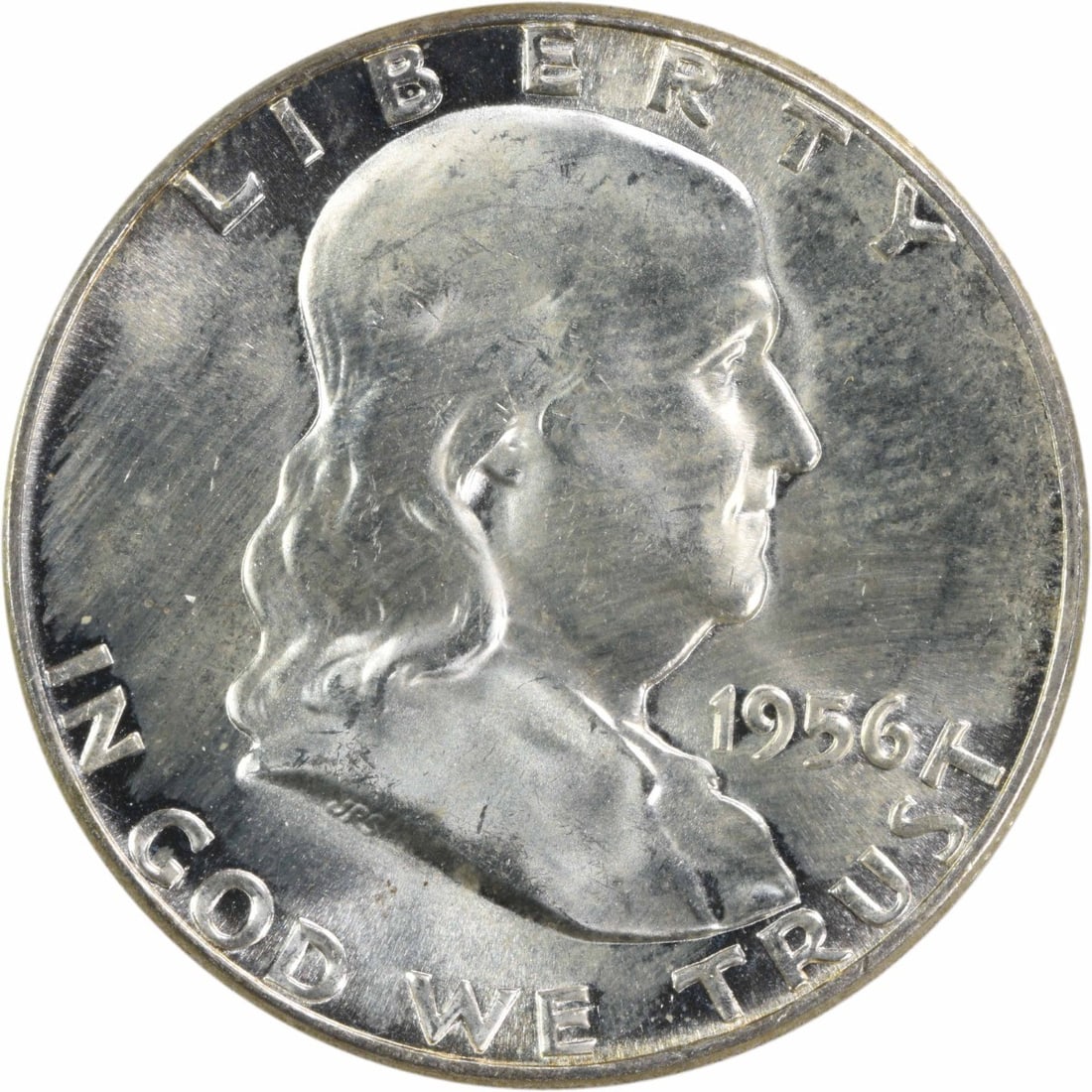 1956 Franklin Half Dollar Silver Coin Choice BU Plus Uncertified: 1956 Franklin Half Dollar Silver Coin Choice BU Plus Uncertified This is a 1956 Franklin Silver Half Dollar from the United States. The coin is uncirculated and has been graded as Choice BU+. It is un