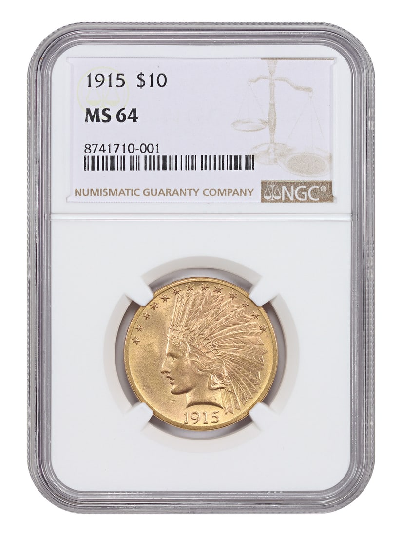 1915 Indian Head $10 Gold NGC MS64 Philadelphia Mint: 1915 Indian Head $10 Gold NGC MS64 Philadelphia Mint This 1915 Indian Head $10 gold coin is graded MS64 by NGC and originates from the Philadelphia Mint. It is an uncirculated example from a mintage o