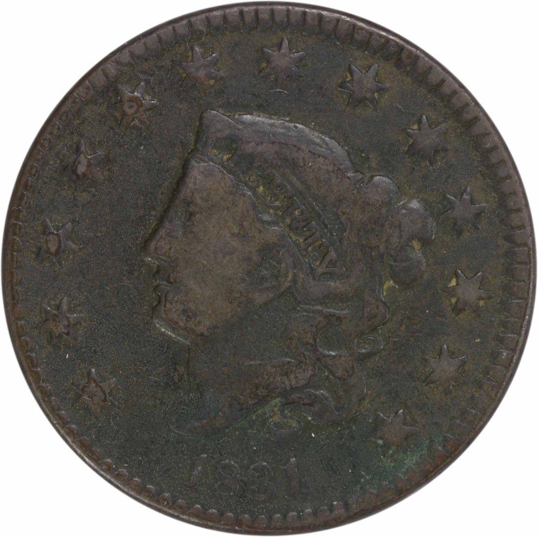 1831 Large Cent Coronet Head Copper Uncertified Coin: 1831 Large Cent Coronet Head Copper Uncertified Coin This 1831 Large Cent features large letters and is in Very Good (VG) condition. Minted in Philadelphia, it showcases the Coronet Head design by Rob