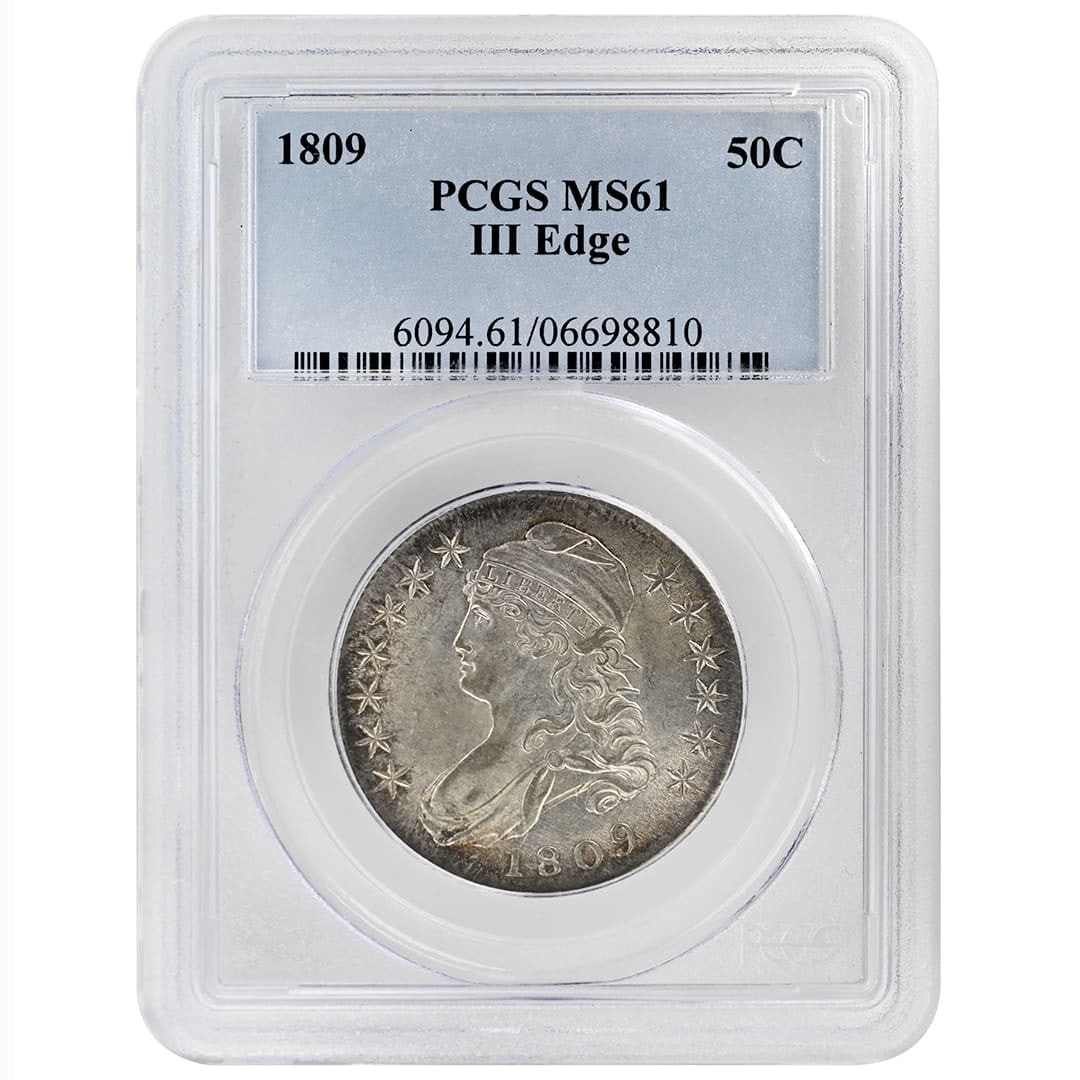 PCGS MS61 1809 Capped Bust Half Dollar III Edge: PCGS MS61 1809 Capped Bust Half Dollar III Edge This 1809 Capped Bust Half Dollar is an uncirculated silver coin graded MS61 by PCGS. It features the Type 1 Lettered Edge, known as the experimental II