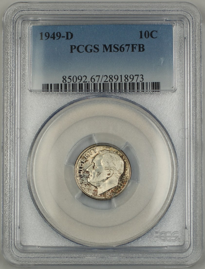 PCGS MS-67 1949-D Roosevelt Silver Dime: PCGS MS-67 1949-D Roosevelt Silver Dime This is a 1949-D Silver Roosevelt Dime with a denomination of 10 cents, minted in Denver. The coin is composed of silver and has been certified by PCGS with a g