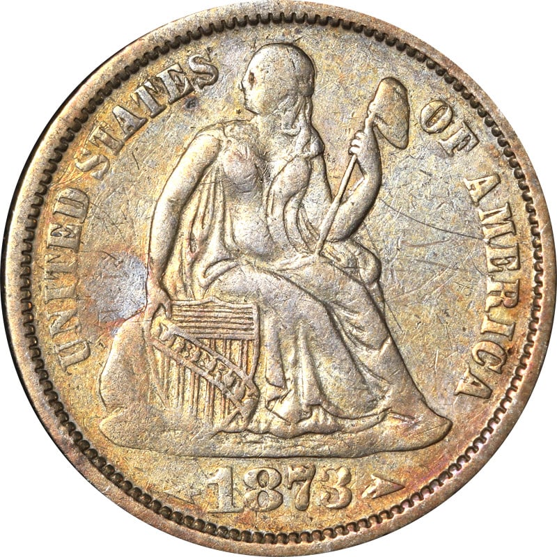 1873 P Seated Liberty Silver Dime Arrows at Date: 1873 P Seated Liberty Silver Dime Arrows at Date This is an 1873-P Seated Liberty Dime featuring arrows at the date. The coin is composed of silver with a fineness of 0.9 and was minted in Philadelphi