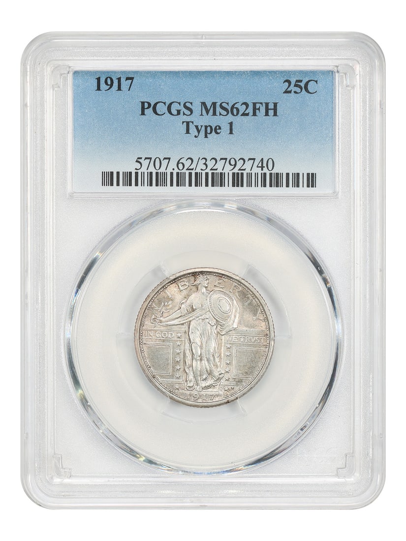 1917 Philadelphia Standing Liberty Quarter PCGS MS62FH Type 1: 1917 Philadelphia Standing Liberty Quarter PCGS MS62FH Type 1 This 1917 Standing Liberty Quarter is a 25-cent coin struck at the Philadelphia Mint. It is certified by PCGS with a grade of MS62FH (Full