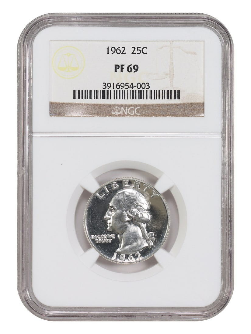 1962 Philadelphia NGC PR69 Washington 25C Quarter: 1962 Philadelphia NGC PR69 Washington 25C Quarter This 1962 Washington Quarter has been certified by NGC and graded PR69. It features a denomination of 25 cents and was minted in Philadelphia. The coi